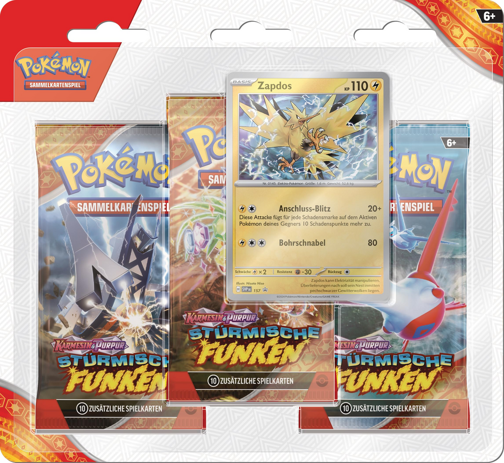 Pokemon Karmesin & Purpur 08: Stürmische Funken Zapdos 3-Pack Blister Deutsch - Differenzbesteuert
